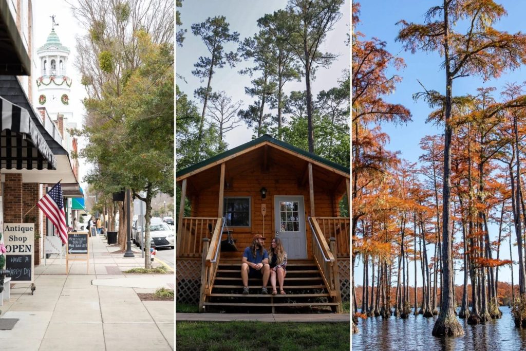 Collage of images, sidewalk in town, cabin porch, and trees in water.